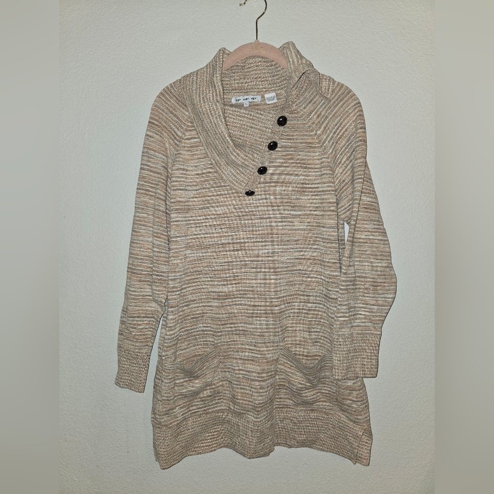 100% Cotton Beige Striped Cowl Neck Tunic Sweater, Size L, Button Details
